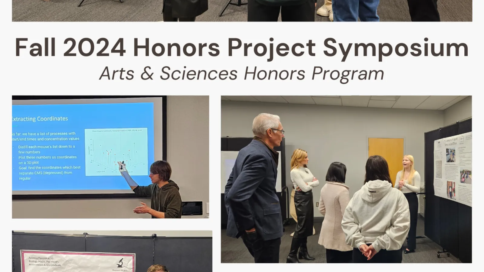 Honors Symposium showing presenters. The top photo is Lindsey Chamberlain speaking with a presenter and some attendees. The other photos capture presenters next to their posters and powerpoints.