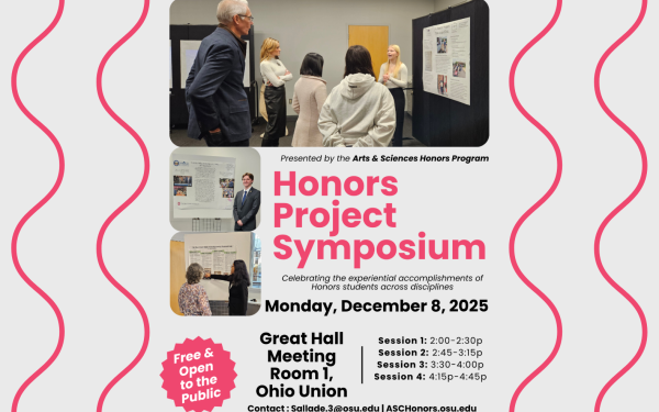 Flyer promoting the ASC Honors Research Symposium being held on December 8th from 2-4:45 PM at the Ohio Union