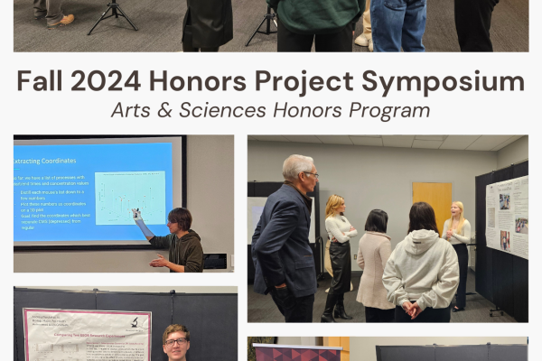 Honors Symposium showing presenters. The top photo is Lindsey Chamberlain speaking with a presenter and some attendees. The other photos capture presenters next to their posters and powerpoints.